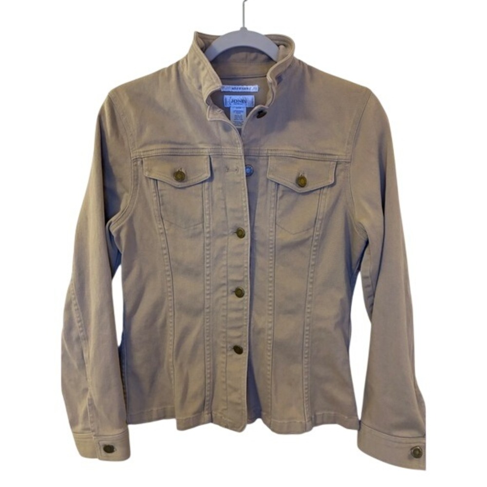 Jones Sport Vintage Tan Khaki Stretch Trucker Jacket Small Mock Neck Utility Sm